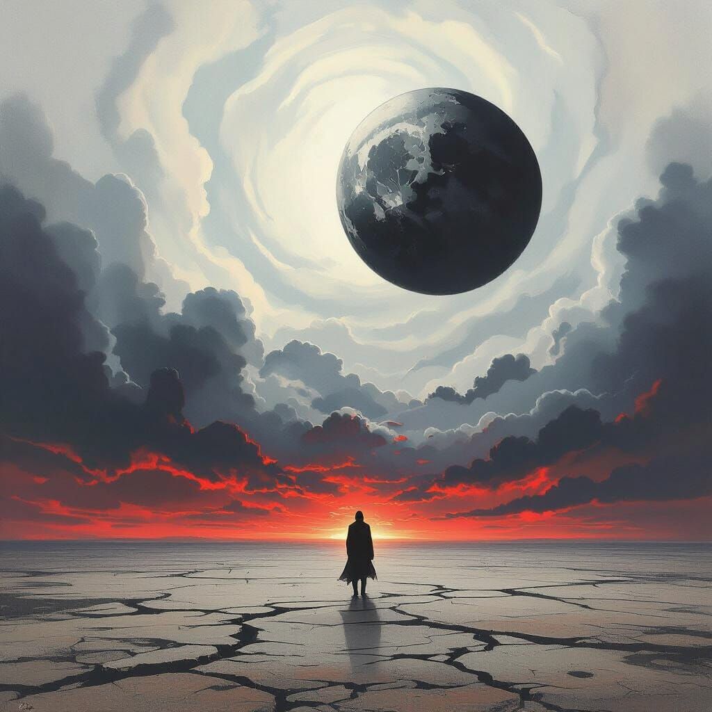 Desolate Plain Under a Cosmic Crimson Sunset