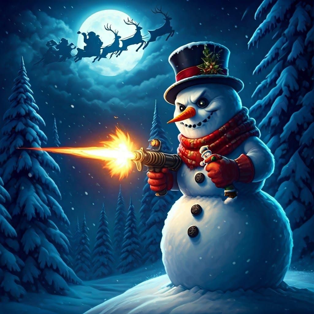 Surreal Winter Scene with Frosty the Snowman and Santa Claus...