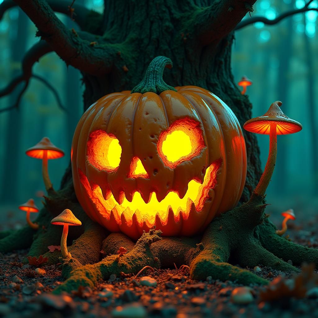Macabre Jack-O-Lantern Aglow in Mystical Tree
