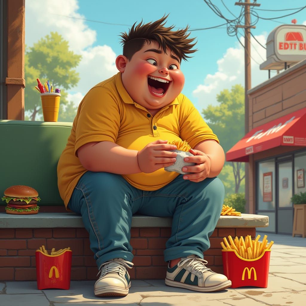 Boy Enjoys McDonald's Meal: Digital Painting