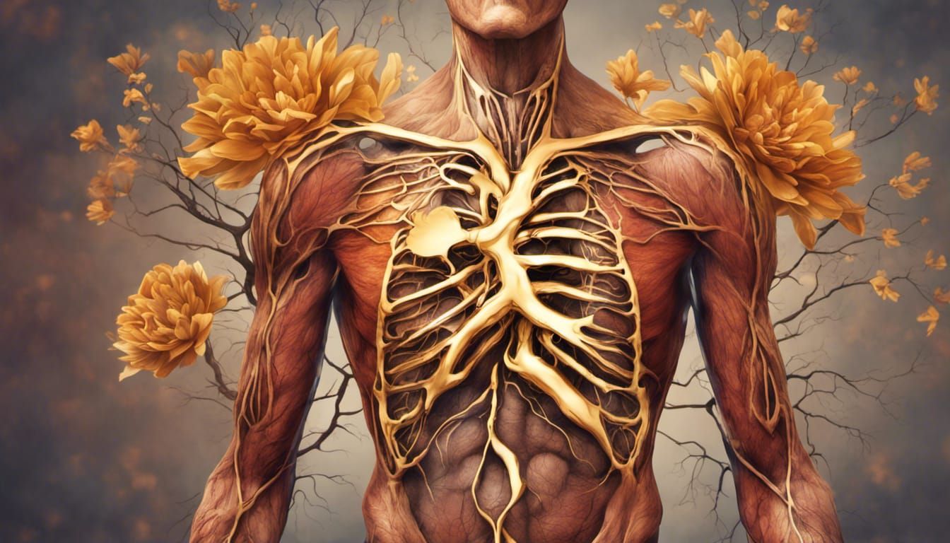 Anatomical muscle map of the human body with flowers, tree roots and golden bright light radiating from the chest and he...