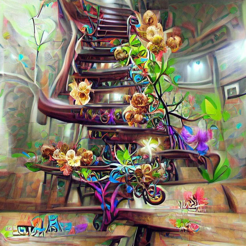 Psychedelic Staircase to Heaven with Blooming Vines