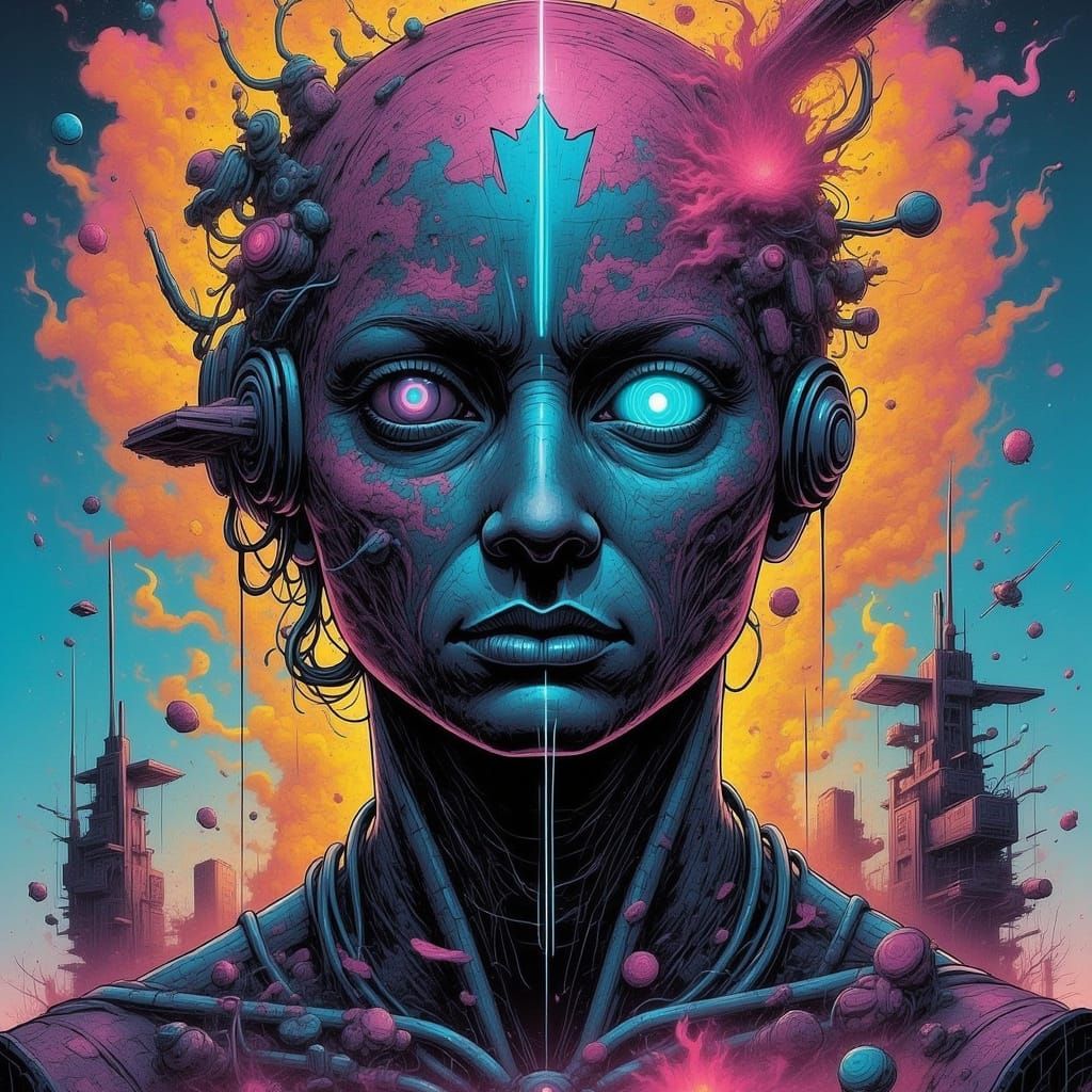 Apocalyptic Android Man with Mechanical Jaw and Dual Eyes