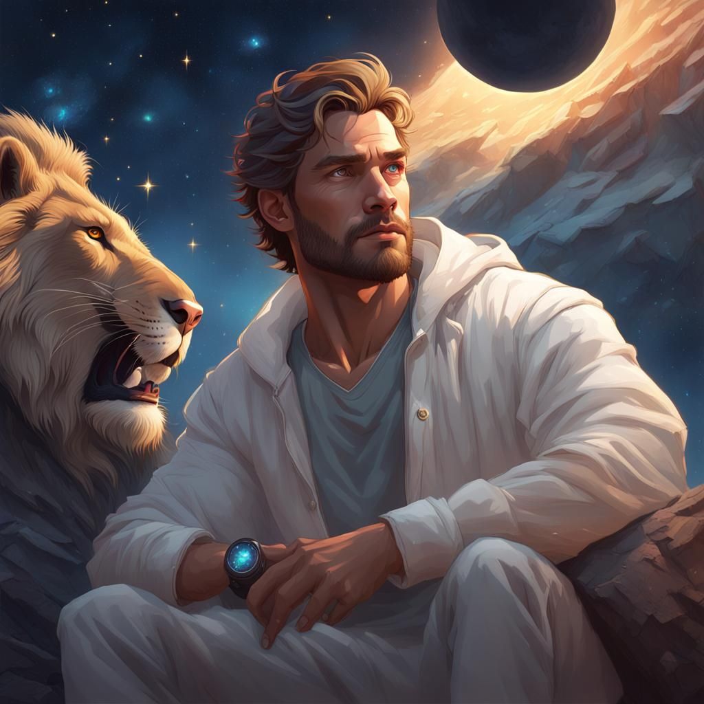 Lion Guardians: Night Sky Portrait in Art Nouveau Style