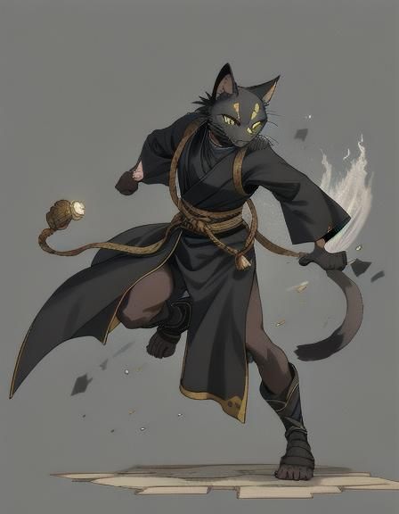 Athletic Black Fur Tabaxi Monk in Dark Robes