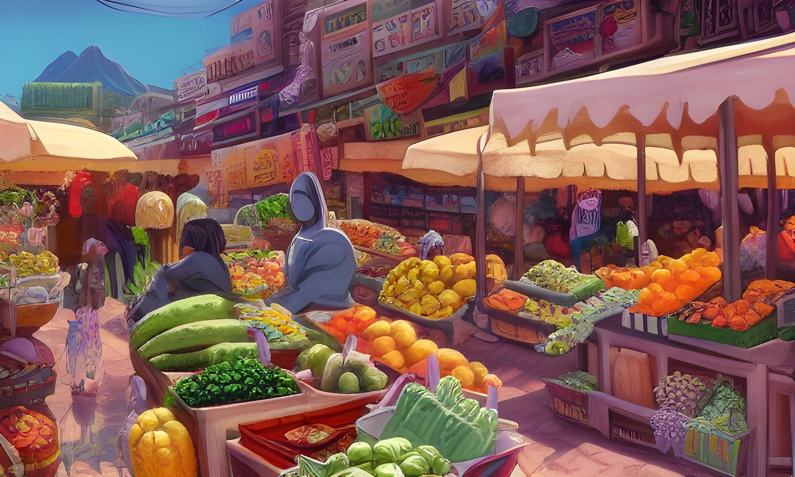 Anime Desert Market with Pottery and Textiles