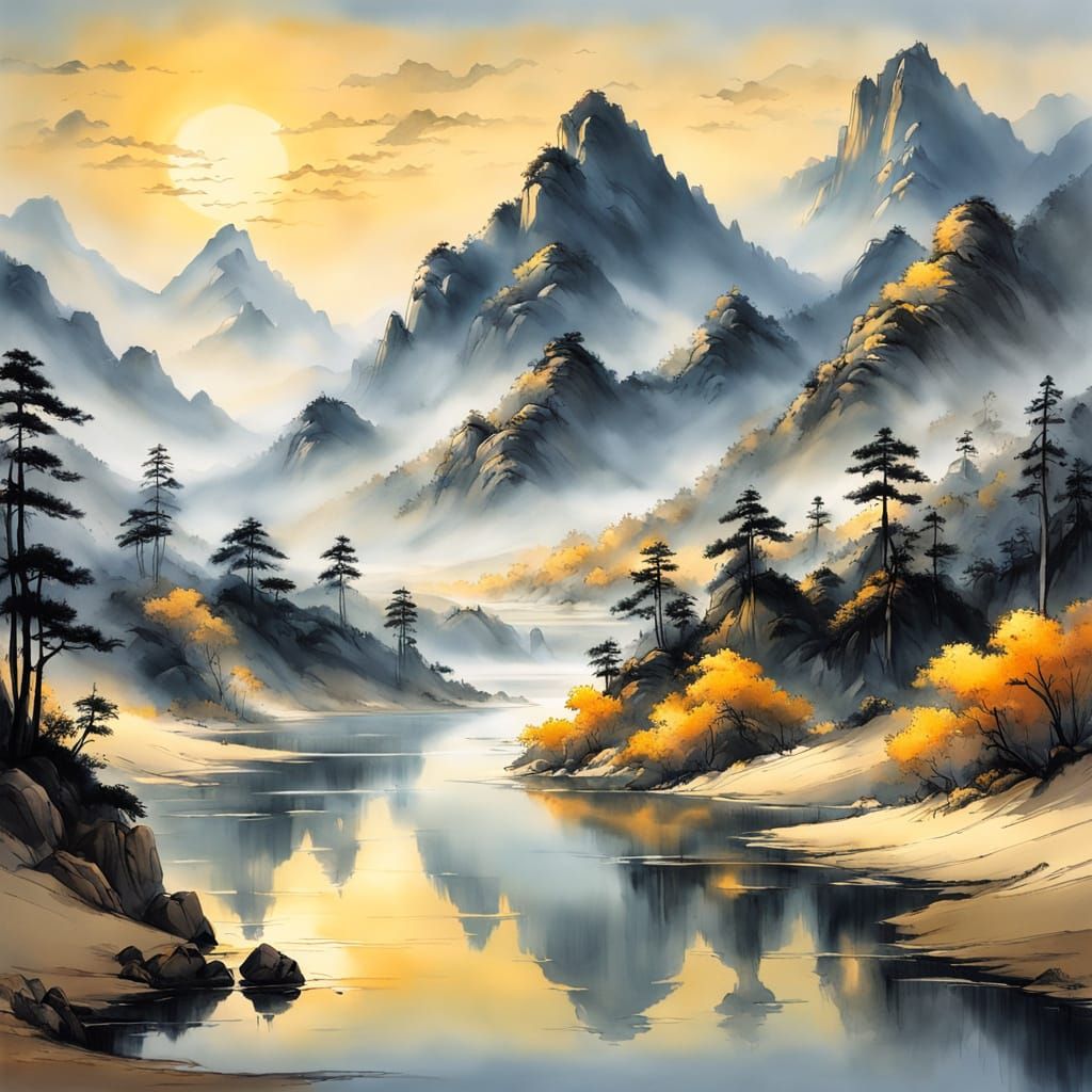 Panoramic Chinese Landscape Painting in Soft Brushstrokes an...