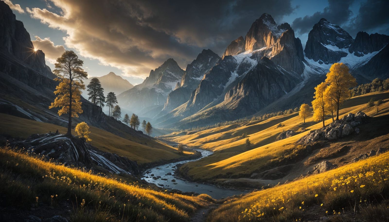 Ethereal Landscape with Golden Light and Snowy Peaks