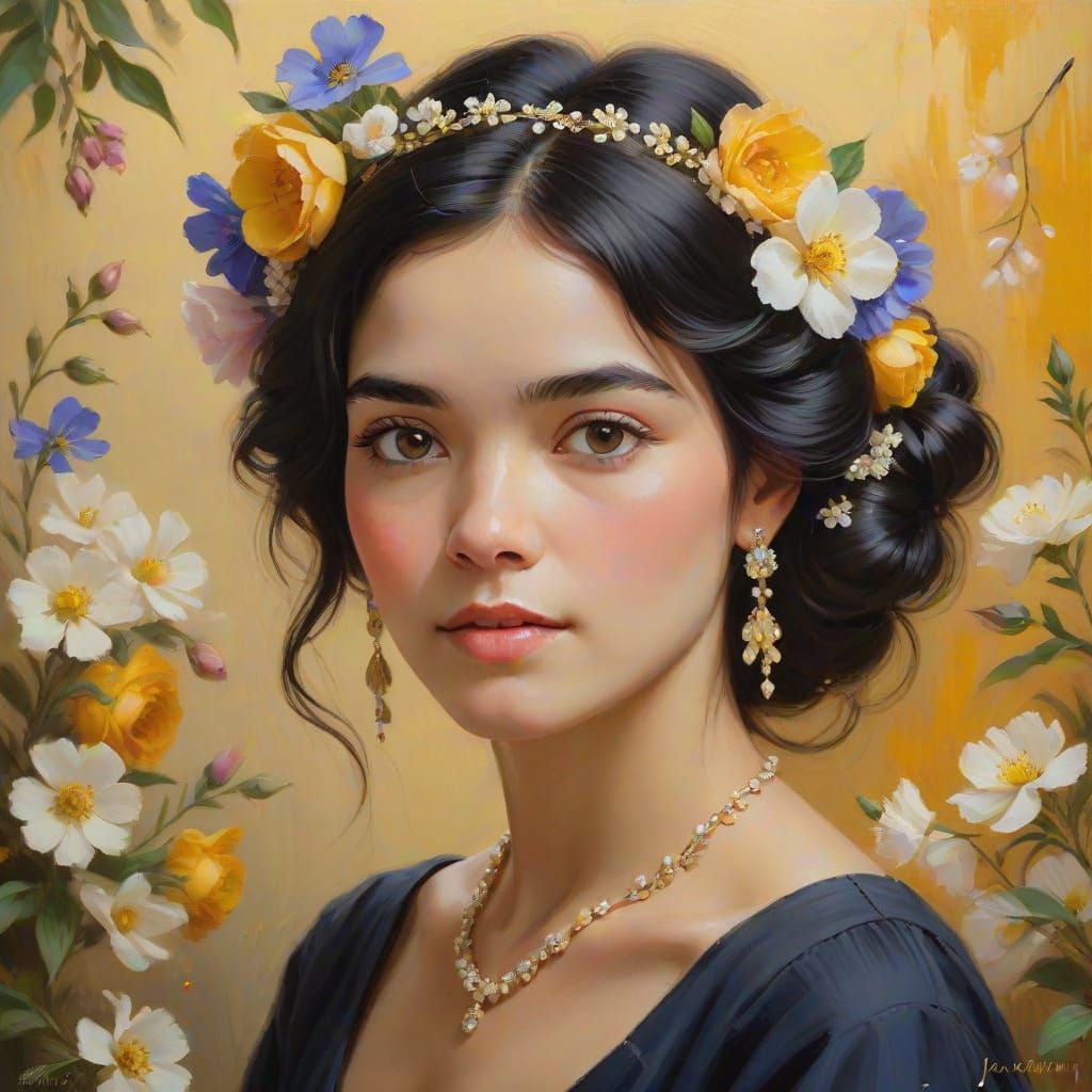 Elegant Woman with Flowers, in Impressionist Style