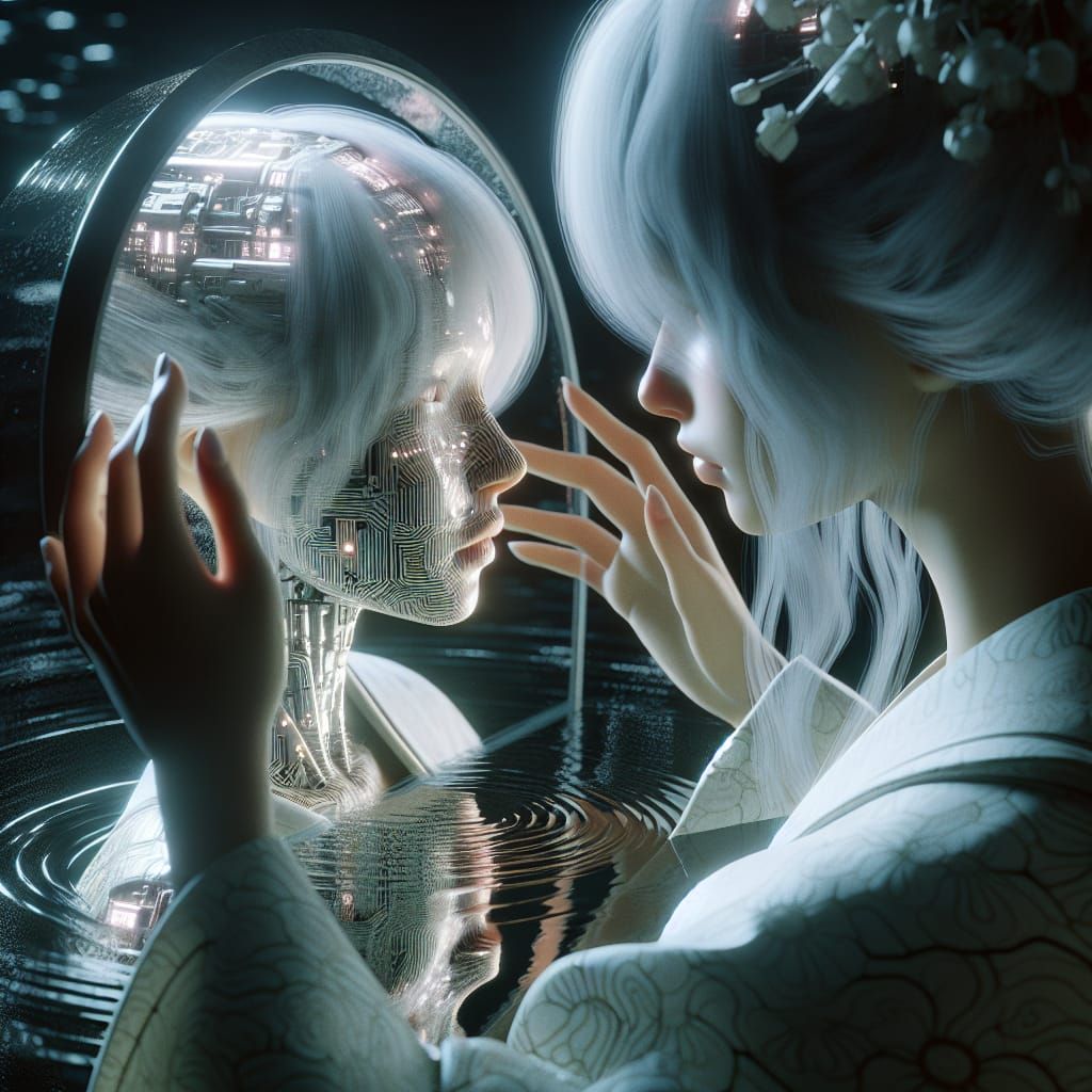 Android Geisha Reflection: Digital Concept Art