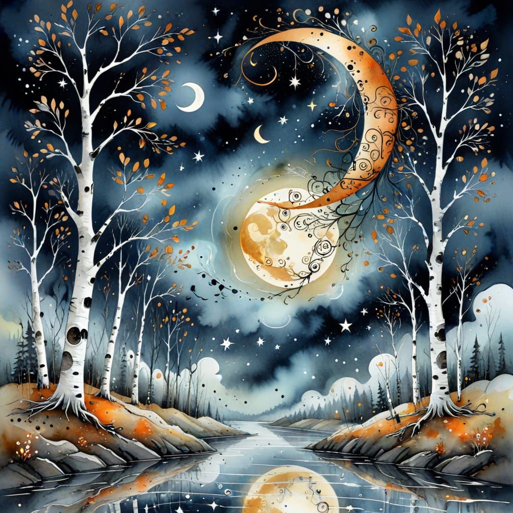 Birches, Natasha Wescoat and Willem Haenraets, moon, stars, creeping fog (swirls and spirals of liquid copper everywhere...