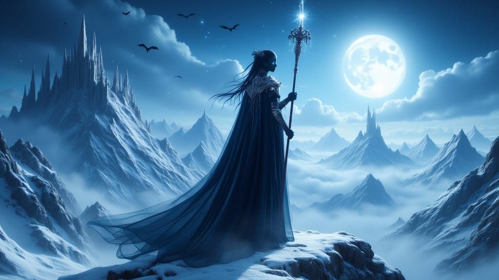 Drow Priestess on Frozen Peak in Moonlight