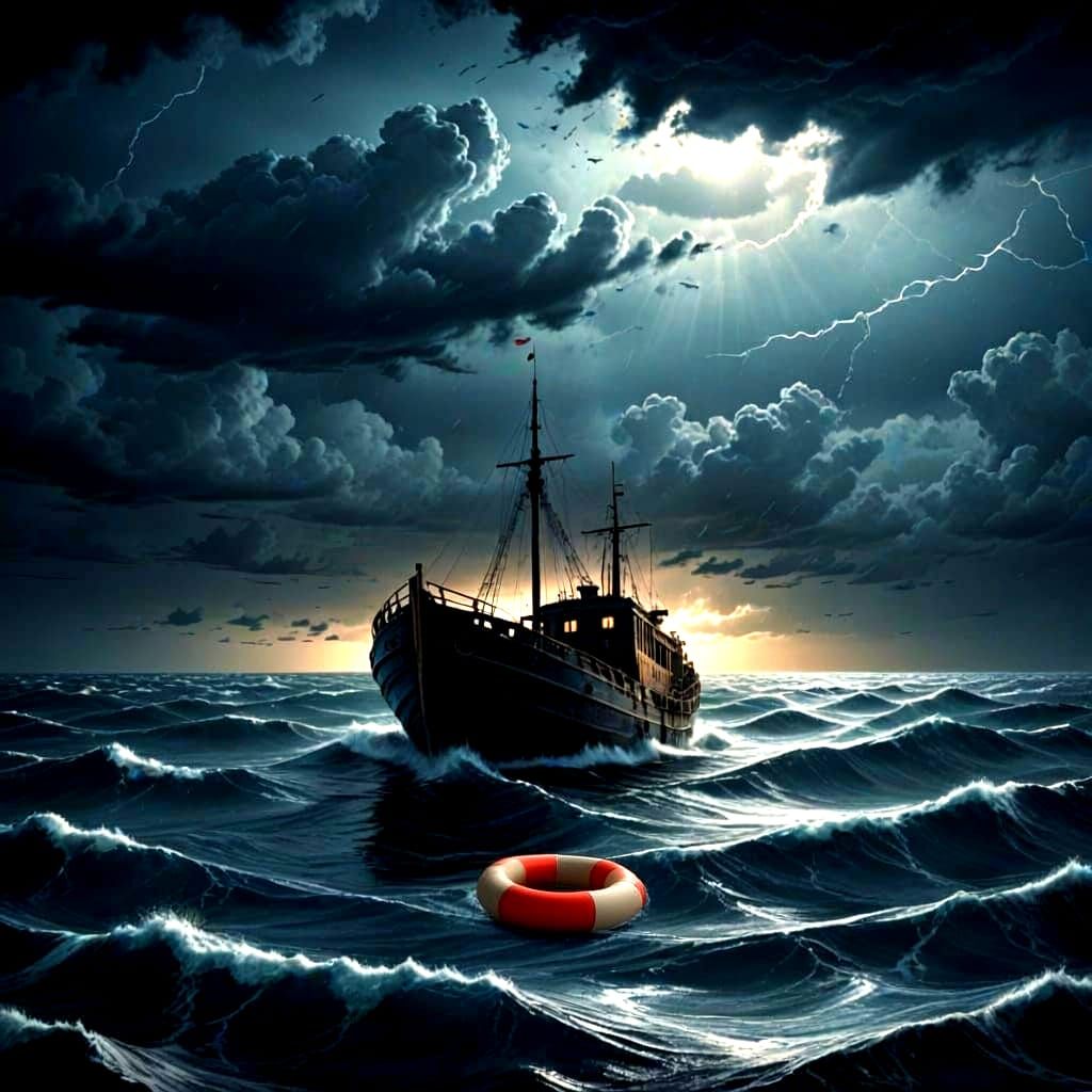 Shipwrecked Vessel Adrift in Calm Seas