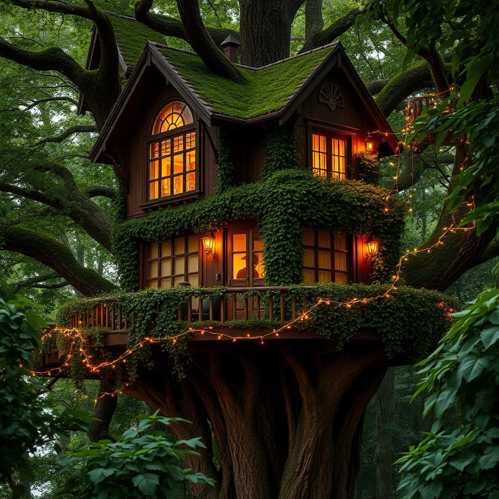 Enchanted Treehouse in Forest Canopy with Fairy Lights
