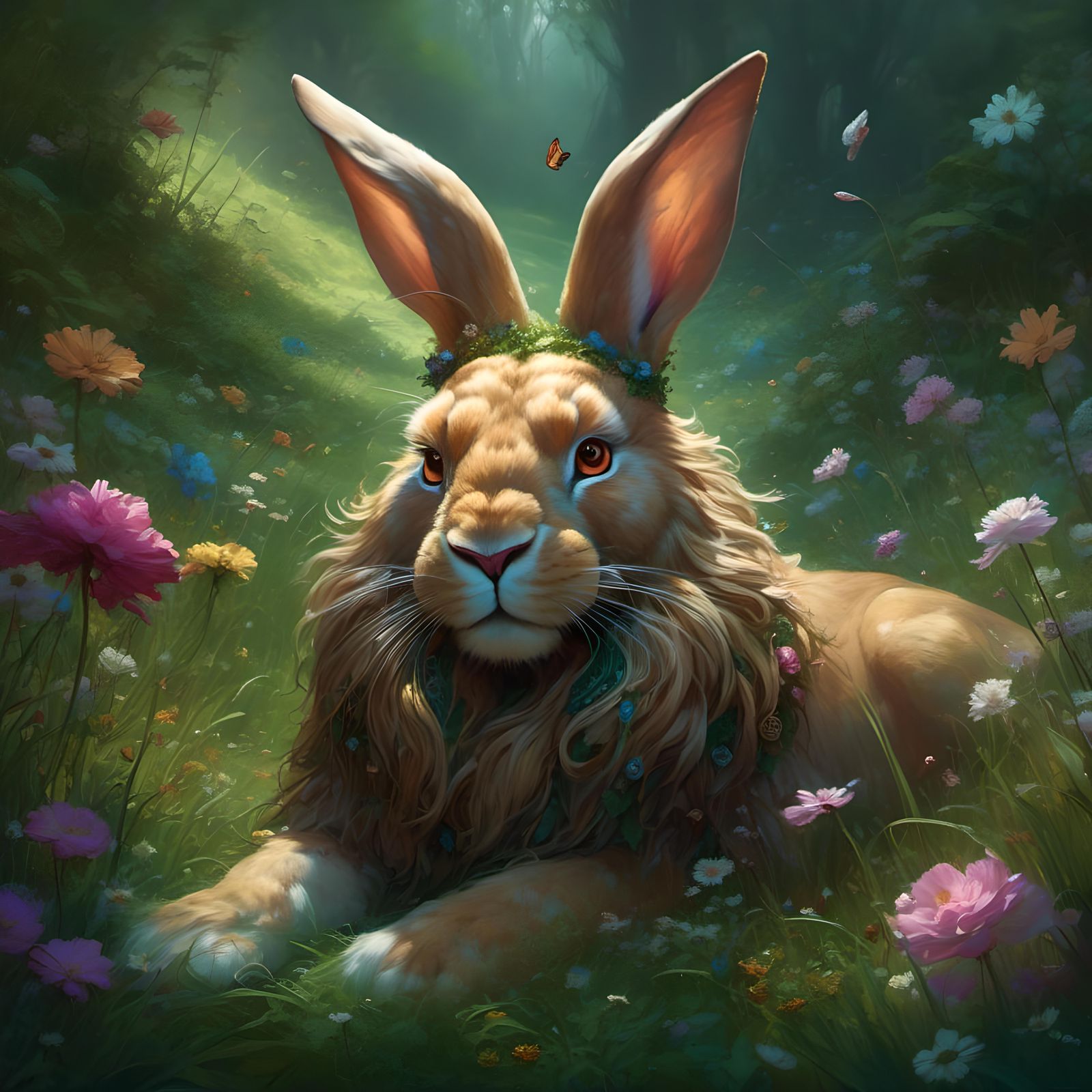 Lion-Bunny Hybrid Creature in a Fantasy Landscape