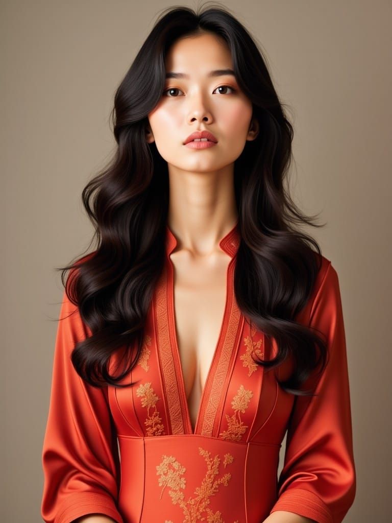 An Asian woman wearing an elegant orange dress, standing gracefully with a serene expression.
