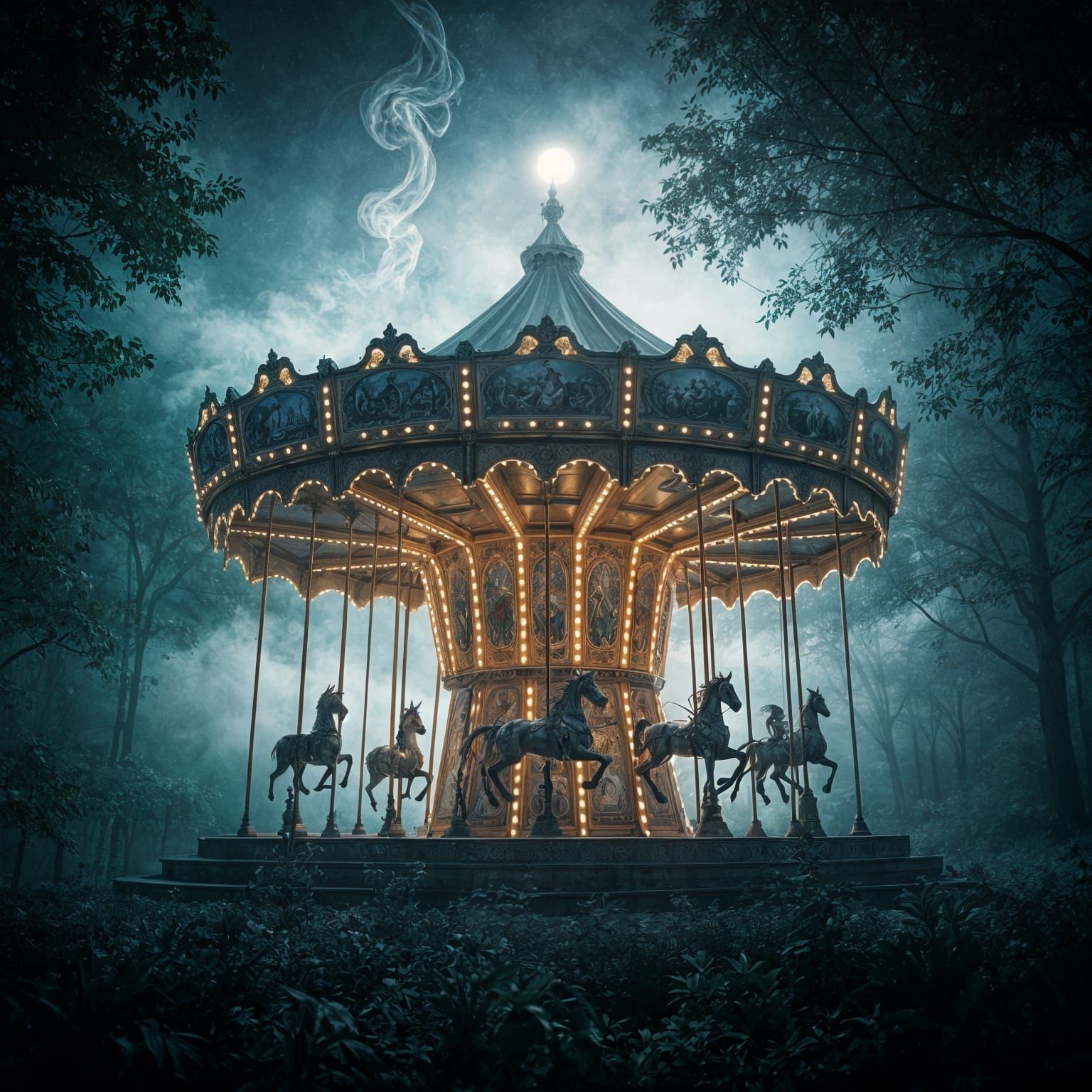 Ethereal Carousel in Moonlit Fantasy Forest