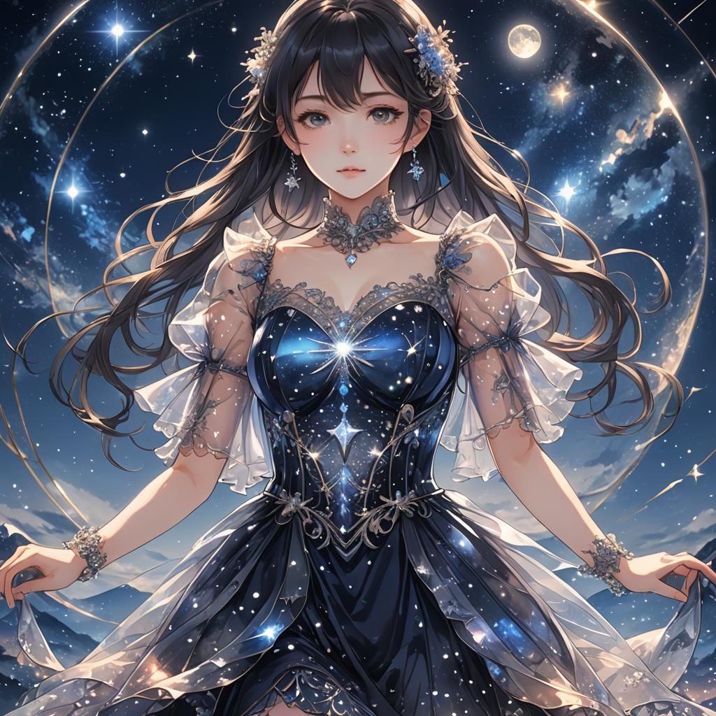 Woman in Night Sky Glass Dress: Anime Style