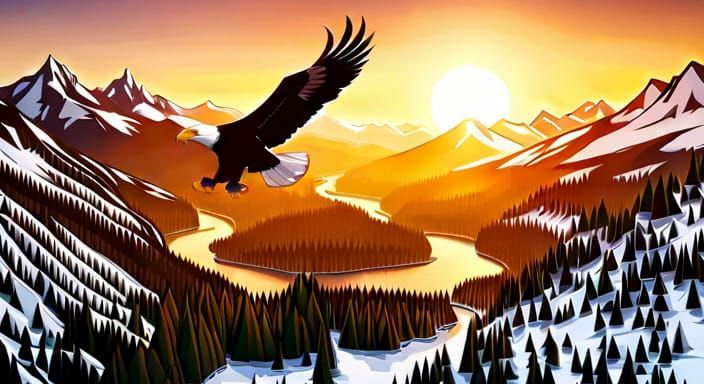 Bald Eagle Soaring Over River Valley at Sunset