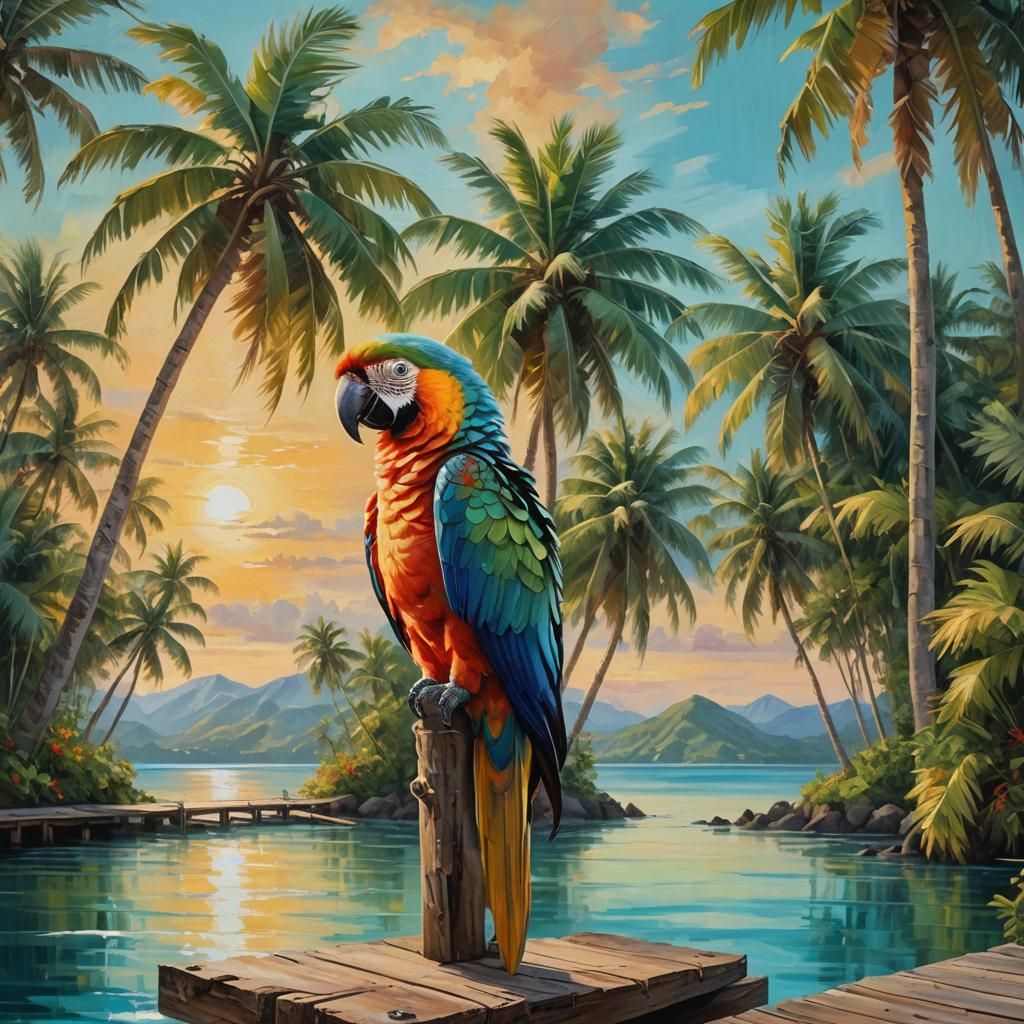 Parrot on Tropical Island: Henri Rousseau-Inspired Oil Paint...