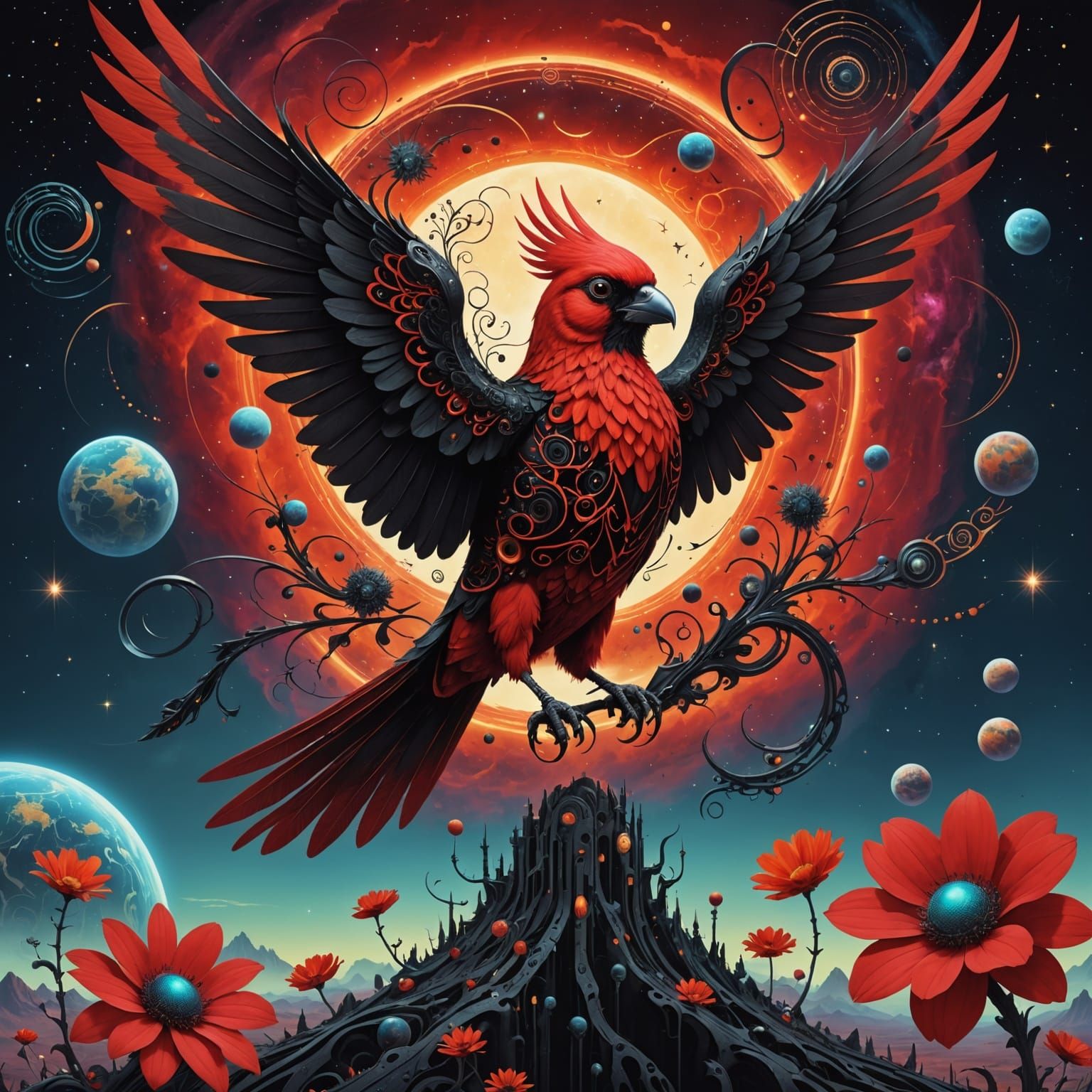 Biomechanical Bird with Alien Flower in Surrealist Style