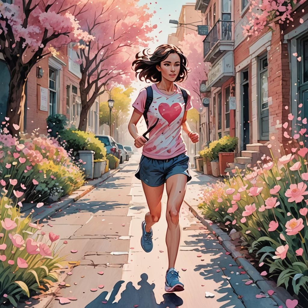 Girl Jogging Creates Heart Flowers: Watercolor Cartoon