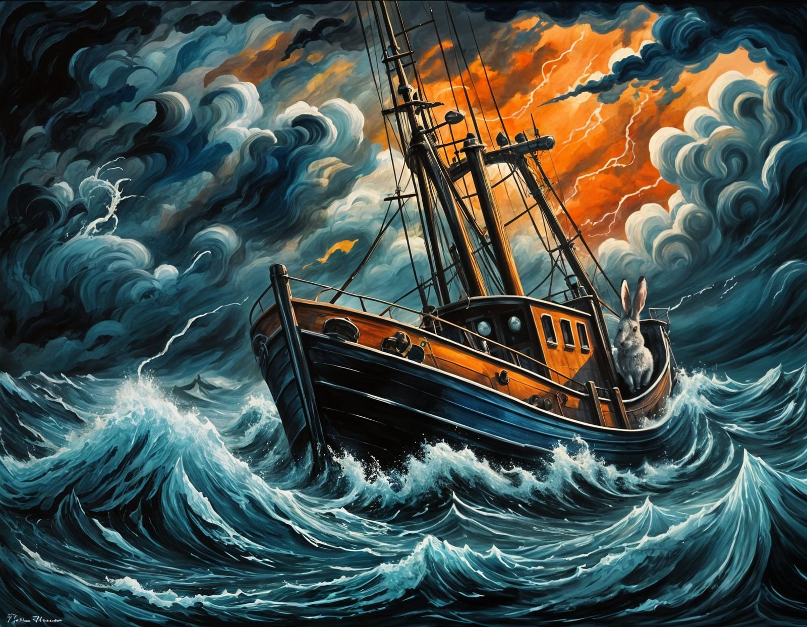 Rabbit Sailing a Trawler Through a Thunderstorm