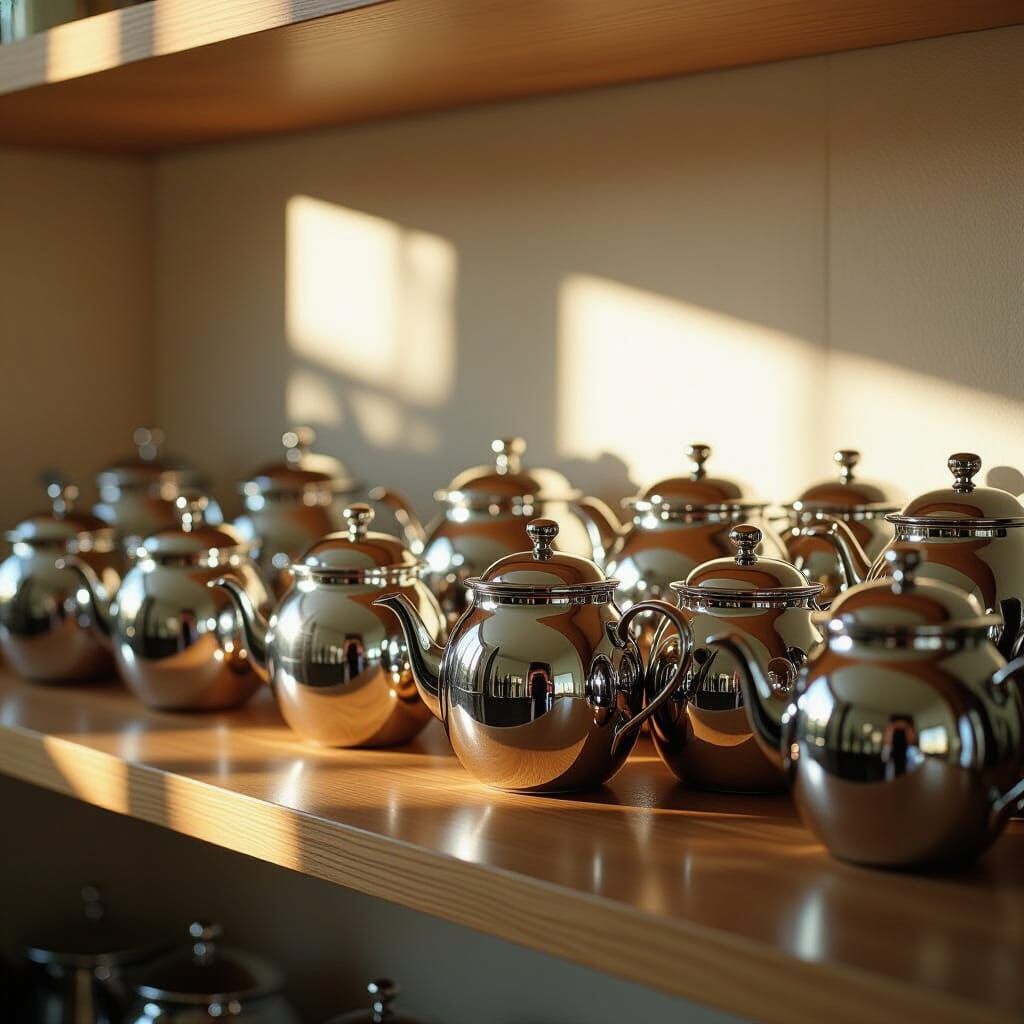 Reflective Chrome Teapots on Shelf in Vintage Style