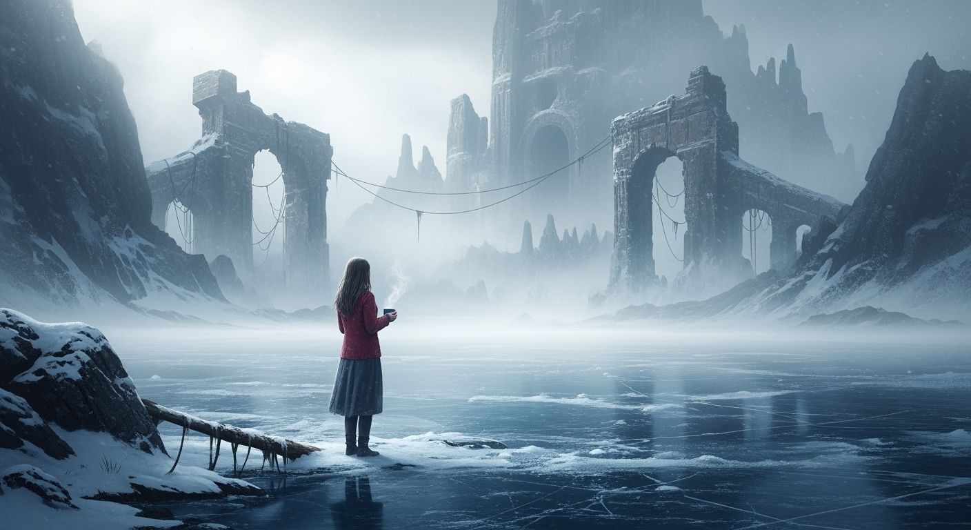 Woman at Frozen Ruins in Ethereal Fantasy Style