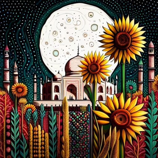 Taj Mahal in a Vibrant Mixed Media Garden