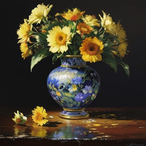 Ornate Glass Vase with Vibrant Flowers in Neo-Impressionist ...