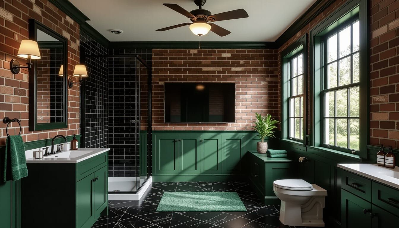Victorian Bathroom with Brick Wallpaper and Dark Green Cabin...