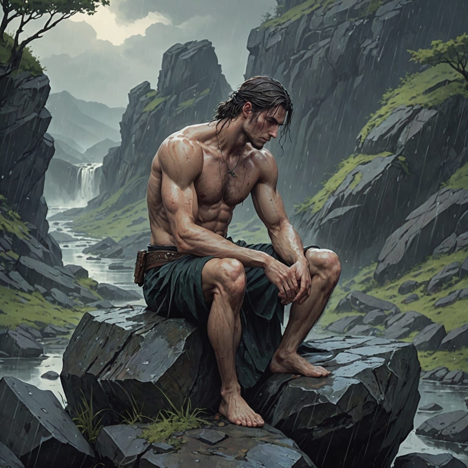 Grief in Rain: Medieval Fantasy Anime Scene