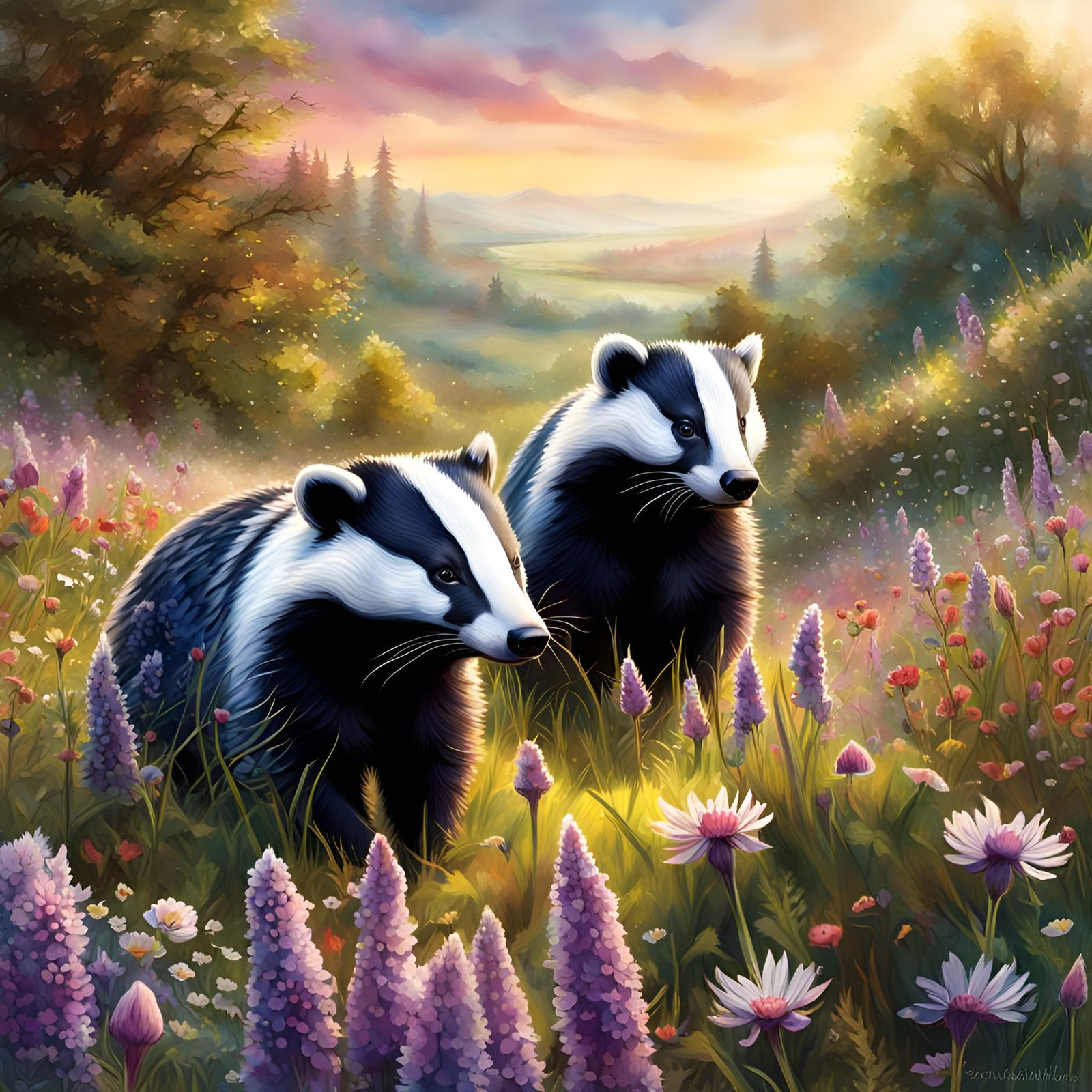 Badgers in a Flower Meadow: Digital Watercolor Illustration