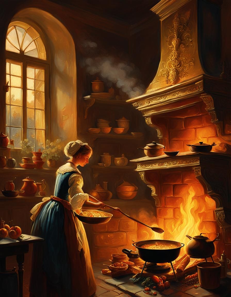 Baroque Woman Cooking at Hearth in Rembrandt Style