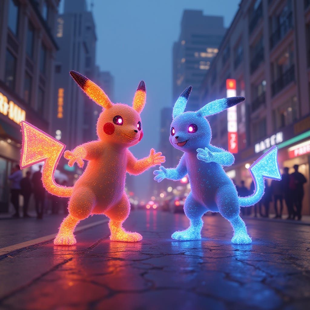 Pokemons Dancing in Neon Cyberpunk City