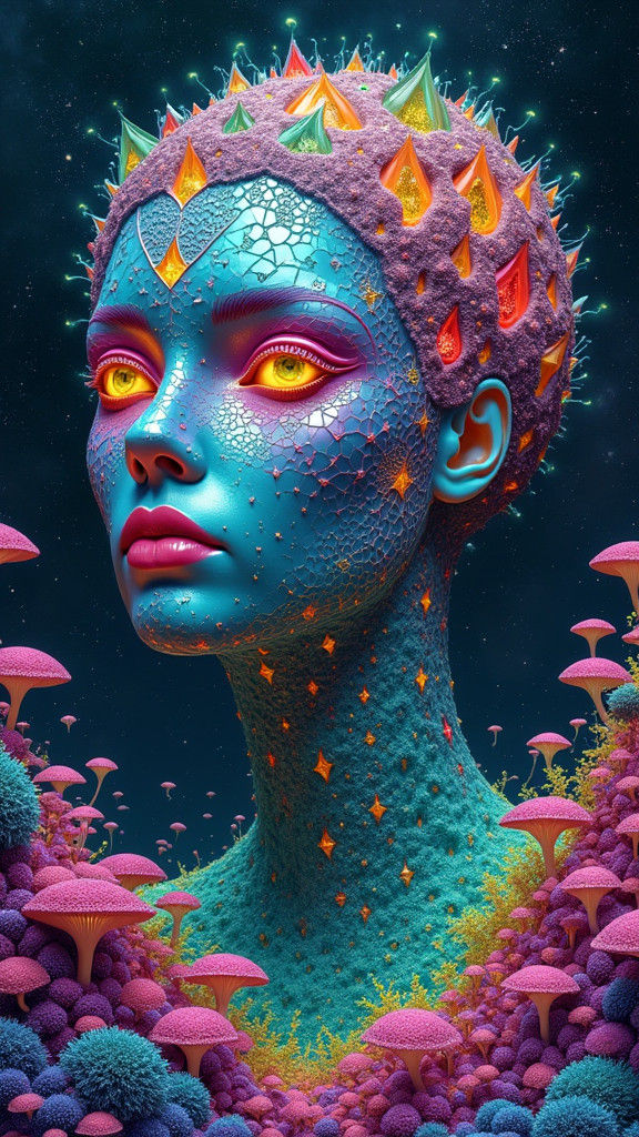 Kaleidoscopic Fractal Entity in Surreal Landscape