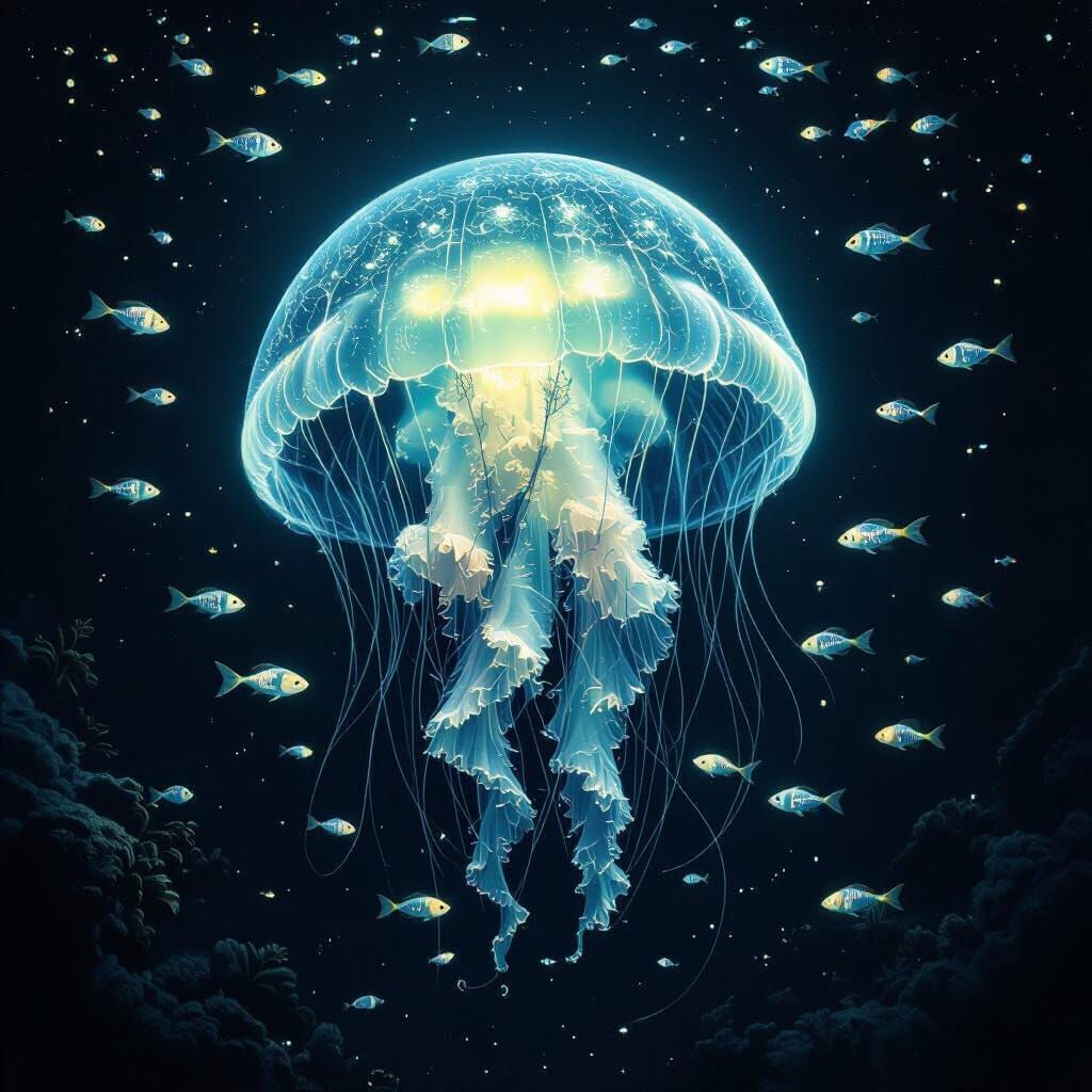 Bioluminescent Jellyfish in Deep Sea Trench