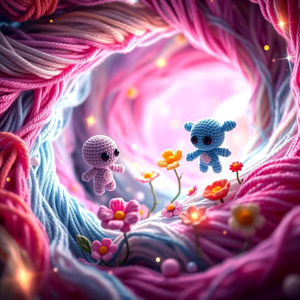 Cute Yarn Galaxy with Chibi Aliens and Flowers