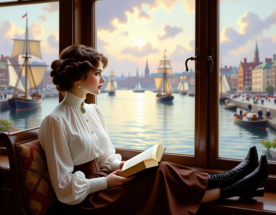Edwardian Woman Gazing Out Library Window