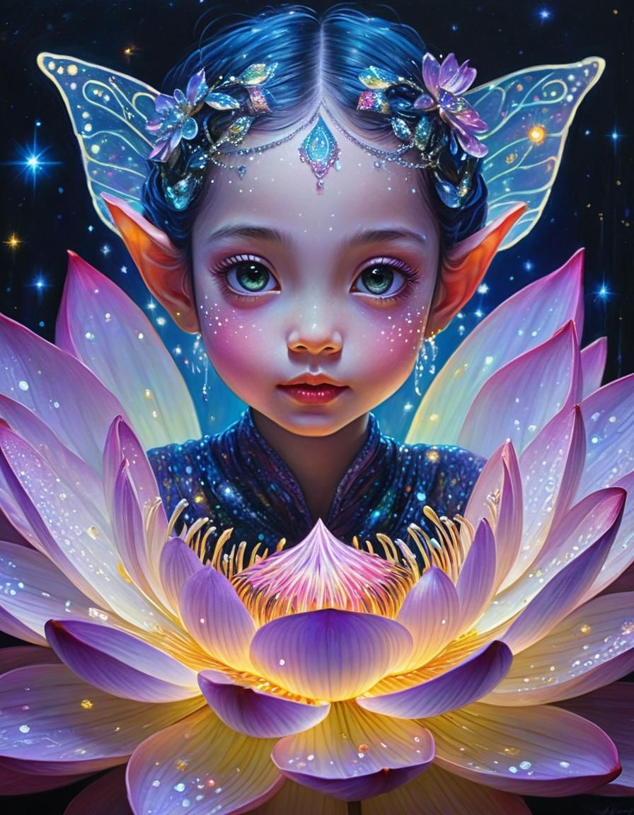 Glowing Pixie Fairy in Luminous Lotus Flower