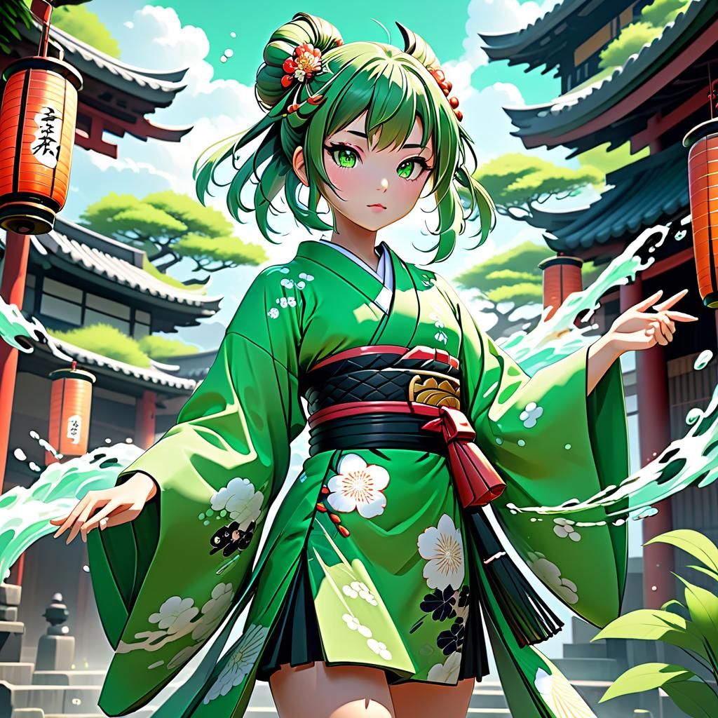 Anime Girl in Light Green Kimono: Detailed Matte Painting