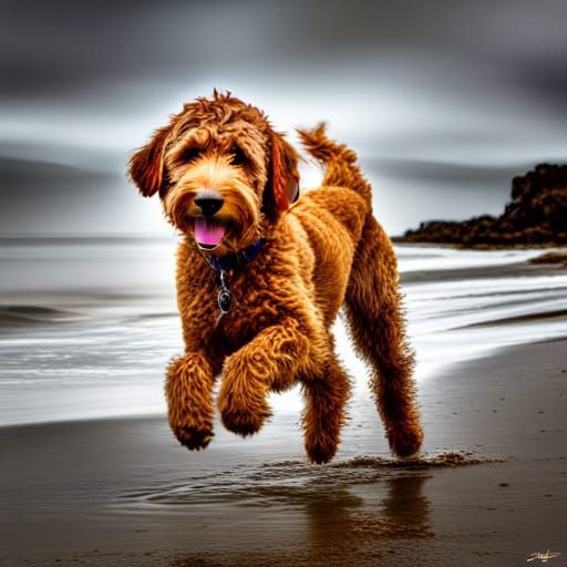 Hyperrealistic Goldendoodle Running Along Shoreline