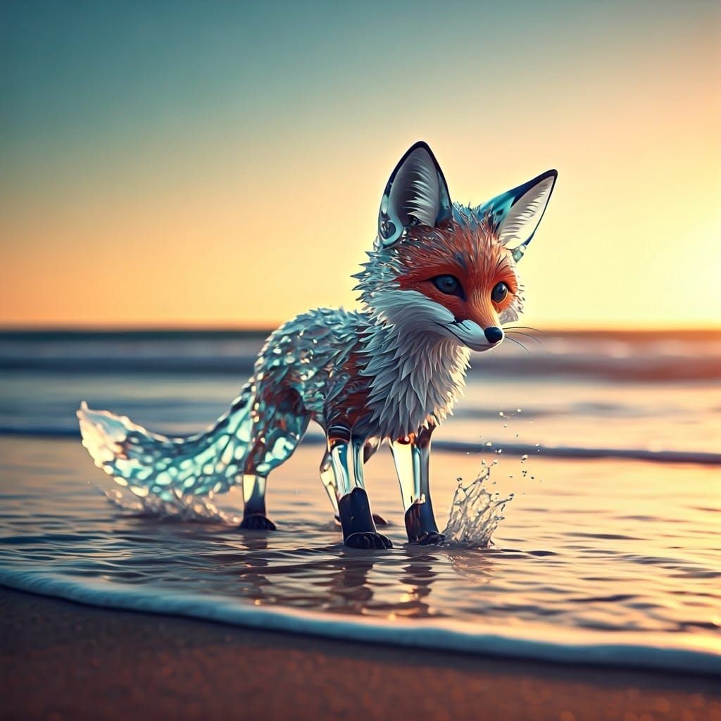 Glass Fox Cub Plays on Sunny Beach