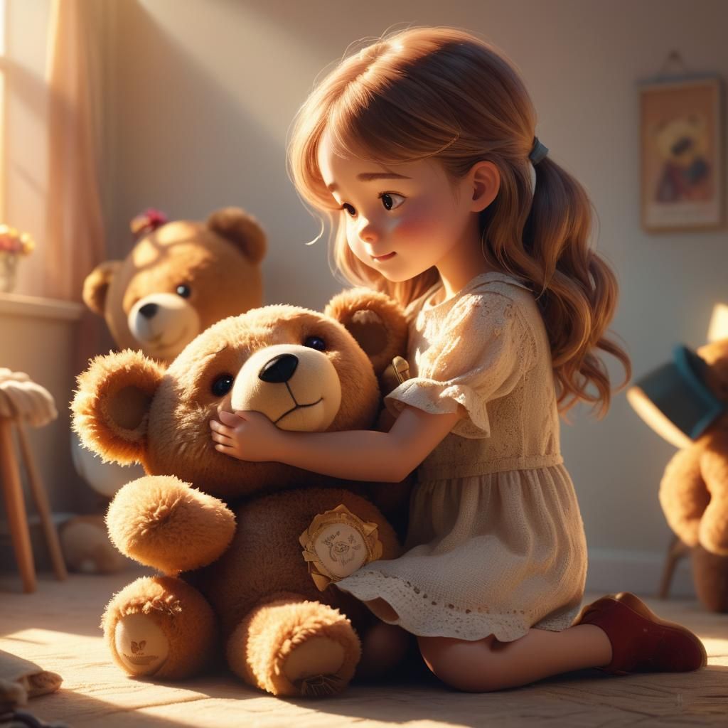 Girl and Teddy Bear in Pixar Style