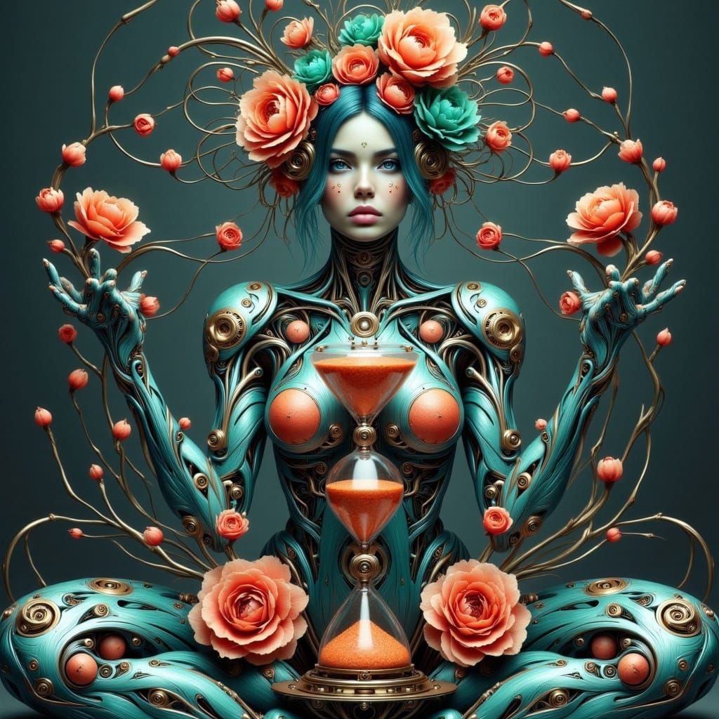 Biomechanical Woman with Hourglass and Flowers