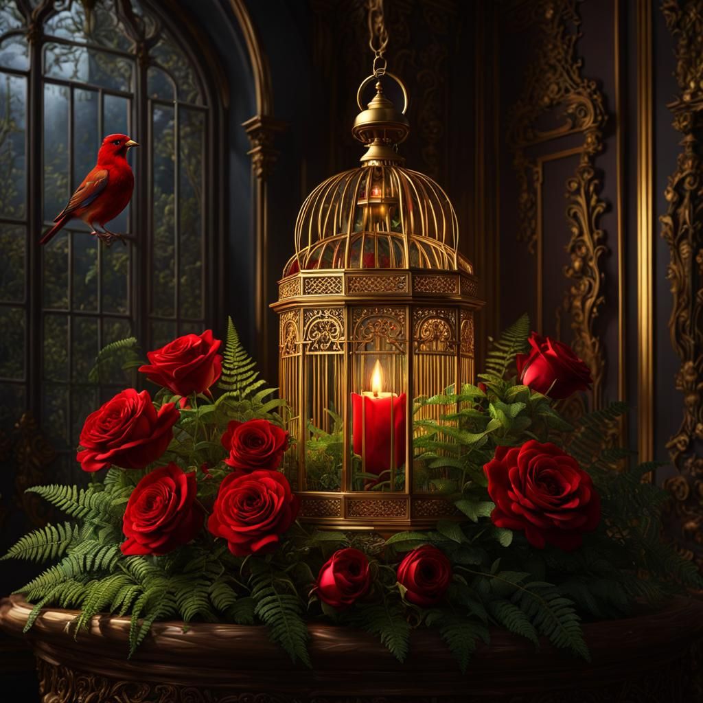 Gilded Birdcage with Roses in Baroque Style