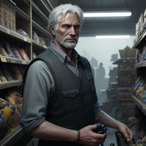 Worn Man with Glassy Eyes in Dim Toy Store