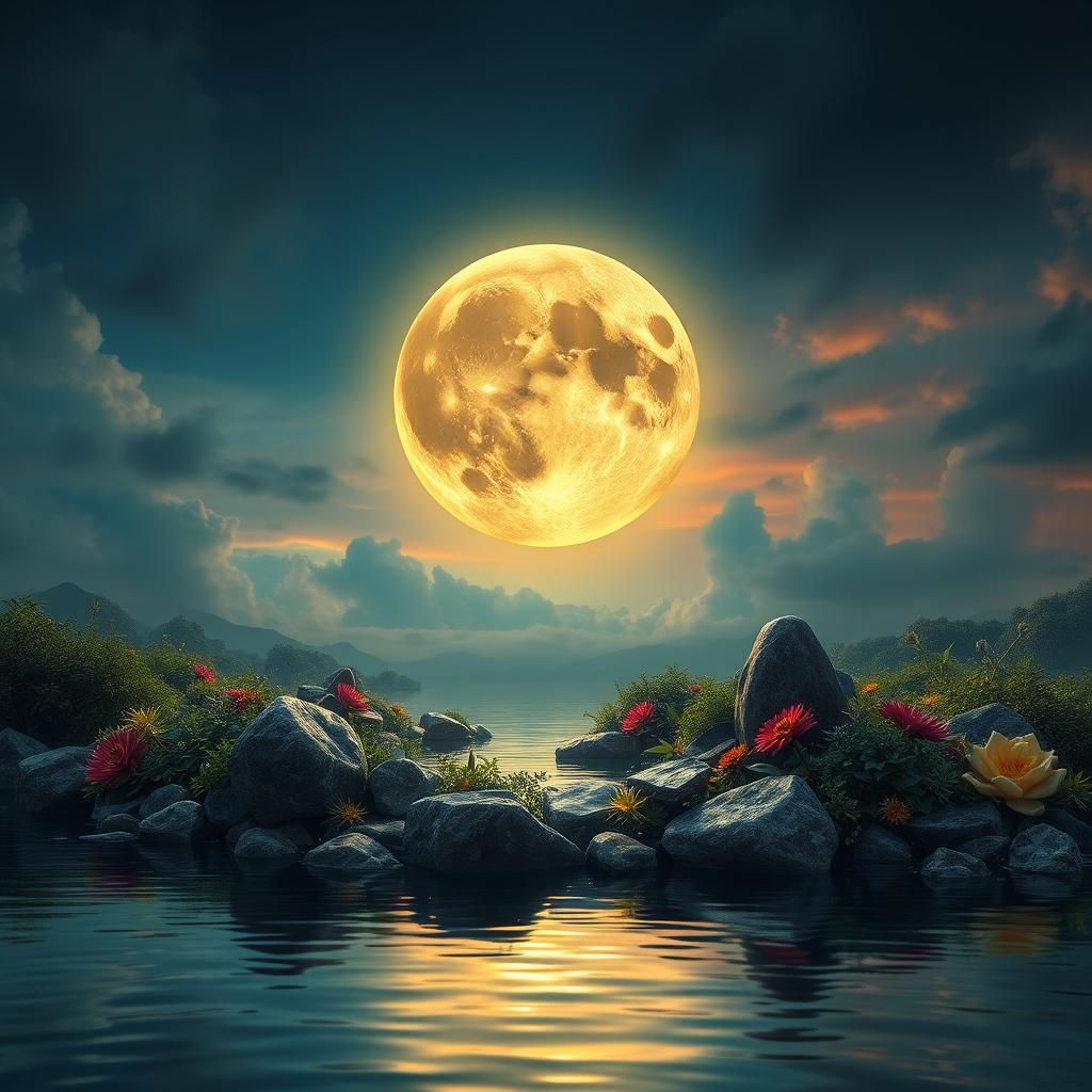 Mystical Lake Under Harvest Moon: Fantasy Concept Art