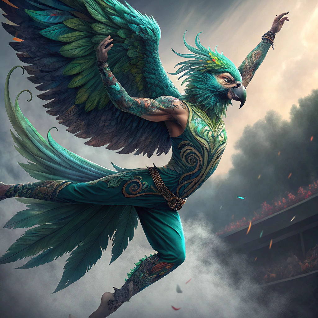 Parrot-Human Hybrid Gymnast in Dreamlike Setting